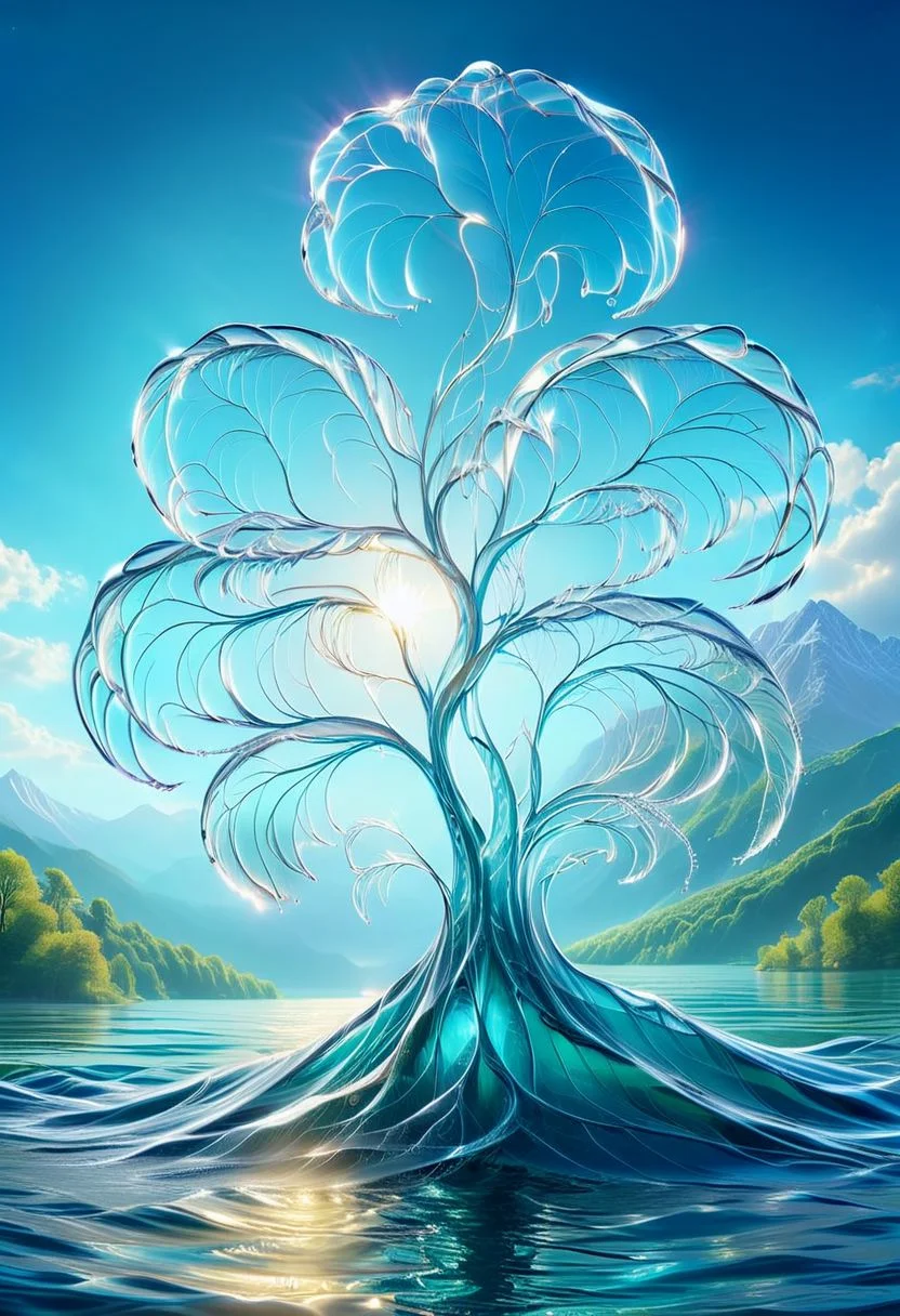 UHD, masterpiece, high quality, extremely details, intricate details, sharp focus, realistic, OverallDetailXL, sss
a tree made of water ,ais-wvs, strong wind, leaves dancing in the air, lake surrounded by mountains,sun sunlight, sunray