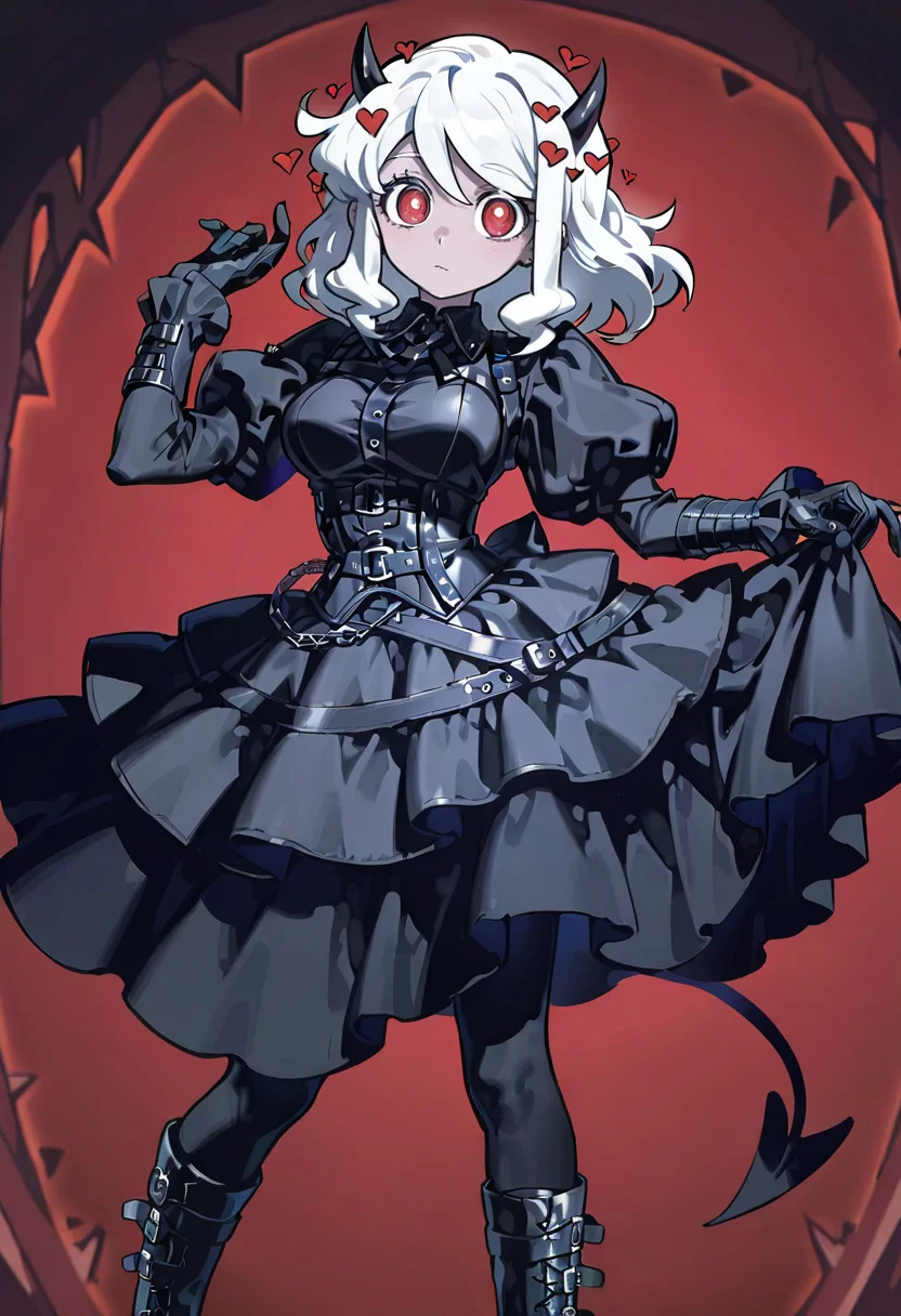1girl,solo,looking at viewer,konya_karasue, belt dress, belt, puffy sleeves, black dress, juliet sleeves, black gloves, gothic, modeus_(helltaker),black pantyhose,boots,