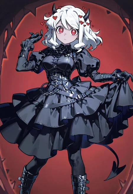 1girl,solo,looking at viewer,konya_karasue, belt dress, belt, puffy sleeves, black dress, juliet sleeves, black gloves, gothic, modeus_(helltaker),black pantyhose,boots,