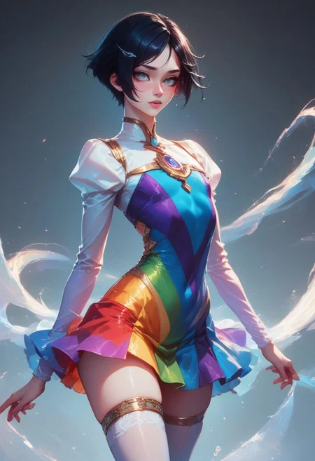 score_9, score_8_up, score_7_up, 1boy, femboy, otoko no ko, short hair, bob cut hair, black hair, grey eyes, gray eyes, feminine face, toned body, Shelly, rainbow dress, short dress, long sleeves, white thigh strap, highly detailed, intricate, zzCitronCAT, pose, modelshoot