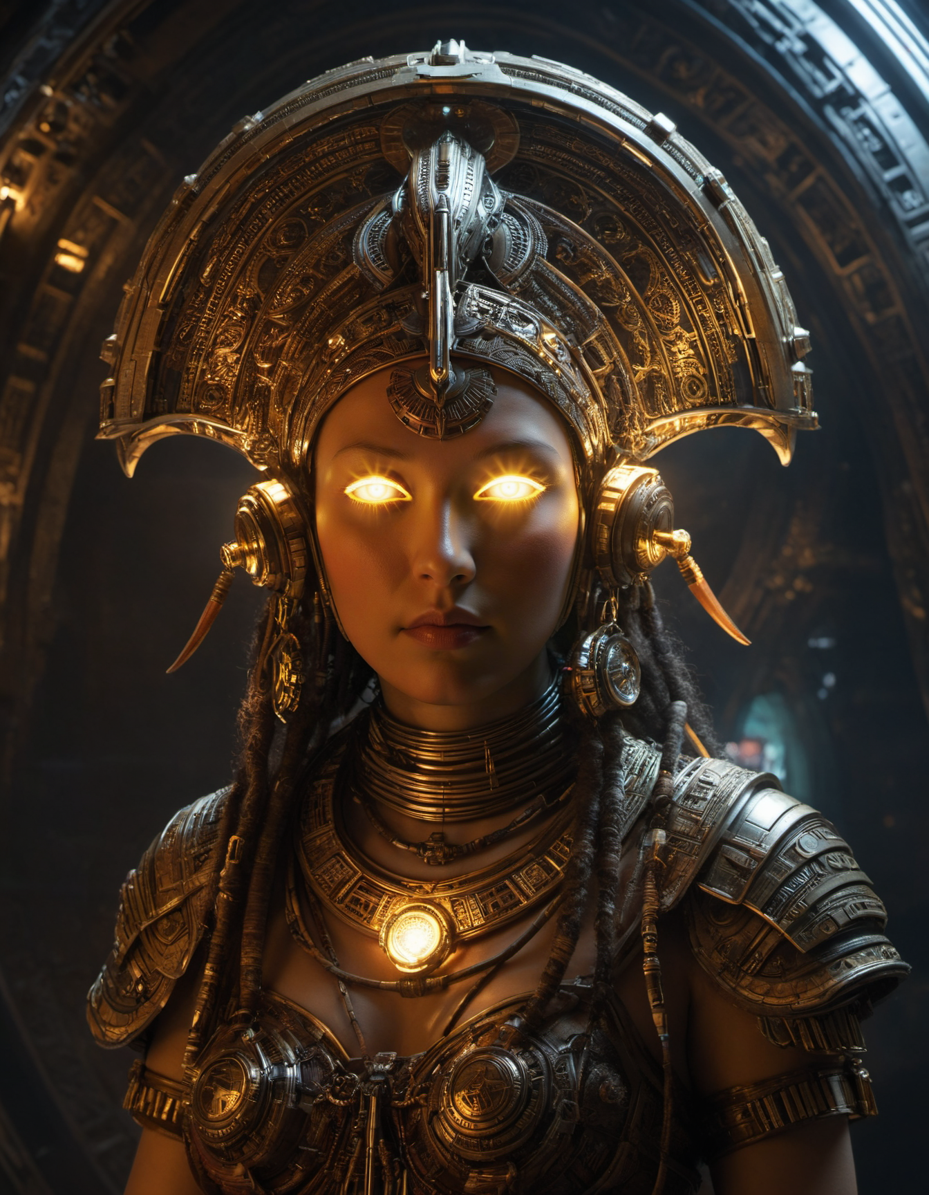 by florey,  (rembrandt lighting , tribal but extremely beautiful:1.4), (intricate details, masterpiece, best quality:1.4) ,
Futuristic sci-fi style, futuristic, technological, alien worlds, space themes, advanced civilizations, , looking at viewer
<lora:add-detail-xl:1> <lora:xl_more_art-full_v1:0.5> <lora:looking_at_viewer:2>