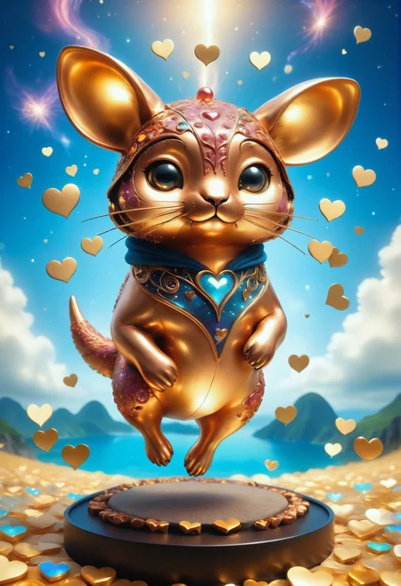 a cute zhibi domestic animal <lora:zhibi:0.8> made out of Jed-ANC <lora:ArtNouveauCopperStyle:0.9>, cuteness overload, surrounded by stardust and floating hearts <lora:heartmiststyle:0.5> in a starLS fantasy landscape <lora:stardustlandscapes-000006:0.7>, 3D rendering, panorama, intense, magical atmosphere, very coherent, glowing