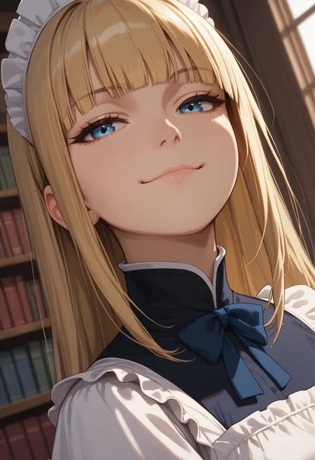 (score_9, score_8_up, score_7_up), 1girl, solo,blonde hair, blue eyes, long hair, hime cut, long bangs, small breasts, maid dress, 
(face focus, close-up:1.3),  standing, library, private study, sunset,, thighs, wide hips, from above,
(leaning back, arched back, dutch angle:1.2), 
(seducitve smug:1.2),