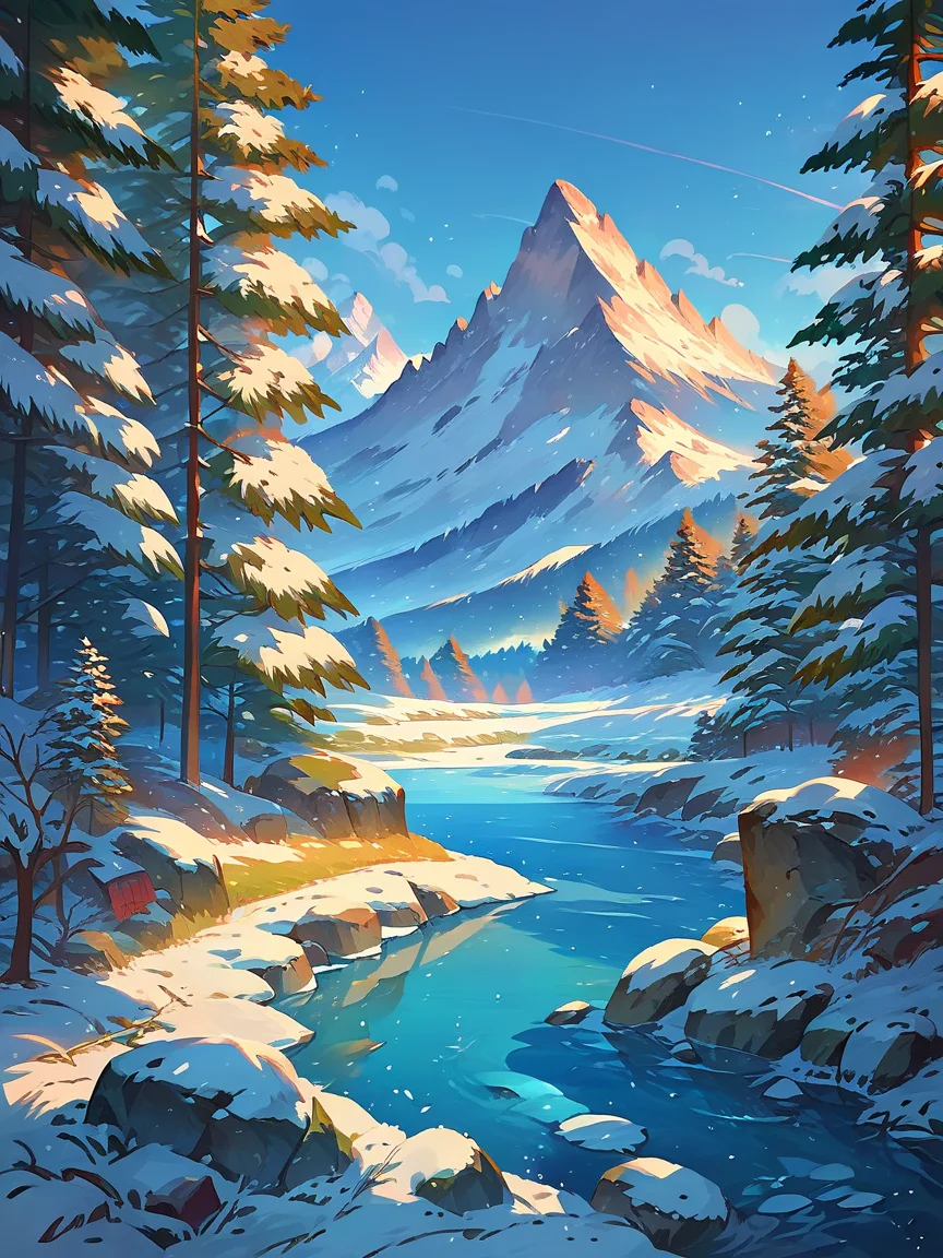 score_9, score_8_up, score_7_up, score_6_up, score_5_up, <lora:snowXLP:1> tree, scenery, outdoors, snow, no humans, day, sky, winter, mountain, nature, blue sky, water, rock