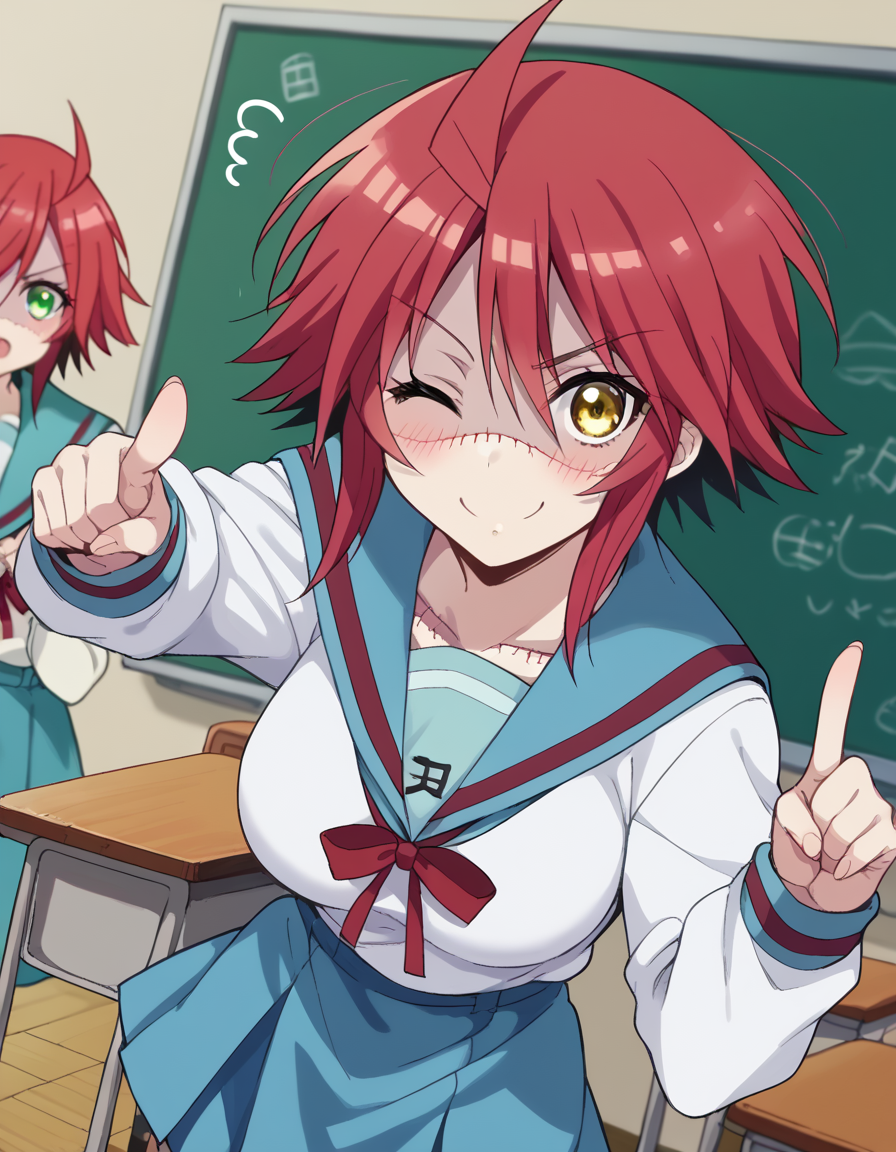 score_9, score_8_up, score_7_up, source_anime, <lora:zombina-s1-ponyxl-lora-nochekaiser:1>, zombina, short hair, large breasts, green eyes, yellow eyes, ahoge, red hair, heterochromia, stitches, zombie, patchwork skin, <lora:haruhi-suzumiya-cosplay-ponyxl-lora-nochekaiser:1>, haruhisuzumiyacosplay, suzumiya haruhi (cosplay), skirt, long sleeves, school uniform, serafuku, sailor collar, blue skirt, blue sailor collar, winter uniform, kita high school uniform,, classroom, one eye closed, pointing at viewer, smile, blush, , dutch angle,