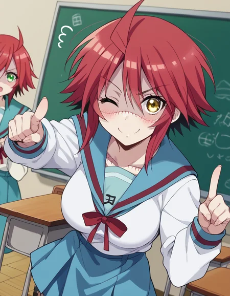 score_9, score_8_up, score_7_up, source_anime, <lora:zombina-s1-ponyxl-lora-nochekaiser:1>, zombina, short hair, large breasts, green eyes, yellow eyes, ahoge, red hair, heterochromia, stitches, zombie, patchwork skin, <lora:haruhi-suzumiya-cosplay-ponyxl-lora-nochekaiser:1>, haruhisuzumiyacosplay, suzumiya haruhi (cosplay), skirt, long sleeves, school uniform, serafuku, sailor collar, blue skirt, blue sailor collar, winter uniform, kita high school uniform,, classroom, one eye closed, pointing at viewer, smile, blush, , dutch angle,