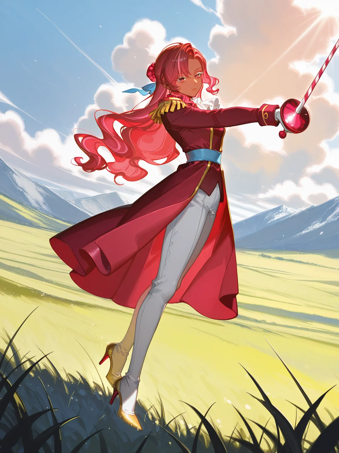 ningen mame, nagasawa tougo, ciloranko,, lazypos, <lora:CRORasbXL:1> CRO_Rasb, 1girl, streaked hair, epaulettes, red coat, white gloves, hair bun, white ascot, long hair, hair ornament, sash, gold trim, white eyelashes, medieval, day, sunlight, cloud, outdoors, white pants, <lora:cfg_scale_boost:0.5> volumetric lighting, dark skin, solo, grass, field, swinging weapon, holding sword, rapier, full body, dynamic pose, gold footwear, looking at viewer, ballet, high heels, expressionless,