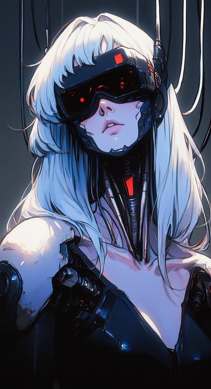 masterpiece, best quality, good quality, very aesthetic, absurdres, newest, 1girl, cable, collarbone, cyberpunk, cyborg, grey background, hair intakes, head-mounted display, headgear, long hair, looking at viewer, science fiction, solo, white hair, retro_artstyle, retro,
FF Style <lora:ponyv6_noobV1_2_adamW-000017:0.7> <lora:USNR_STYLE_XL_lokr:0.45> <lora:MinimalColorSketchIllustriousV1:0.3> <lora:retro_scifi_artstyle_illustriousXL-000021:0.6>