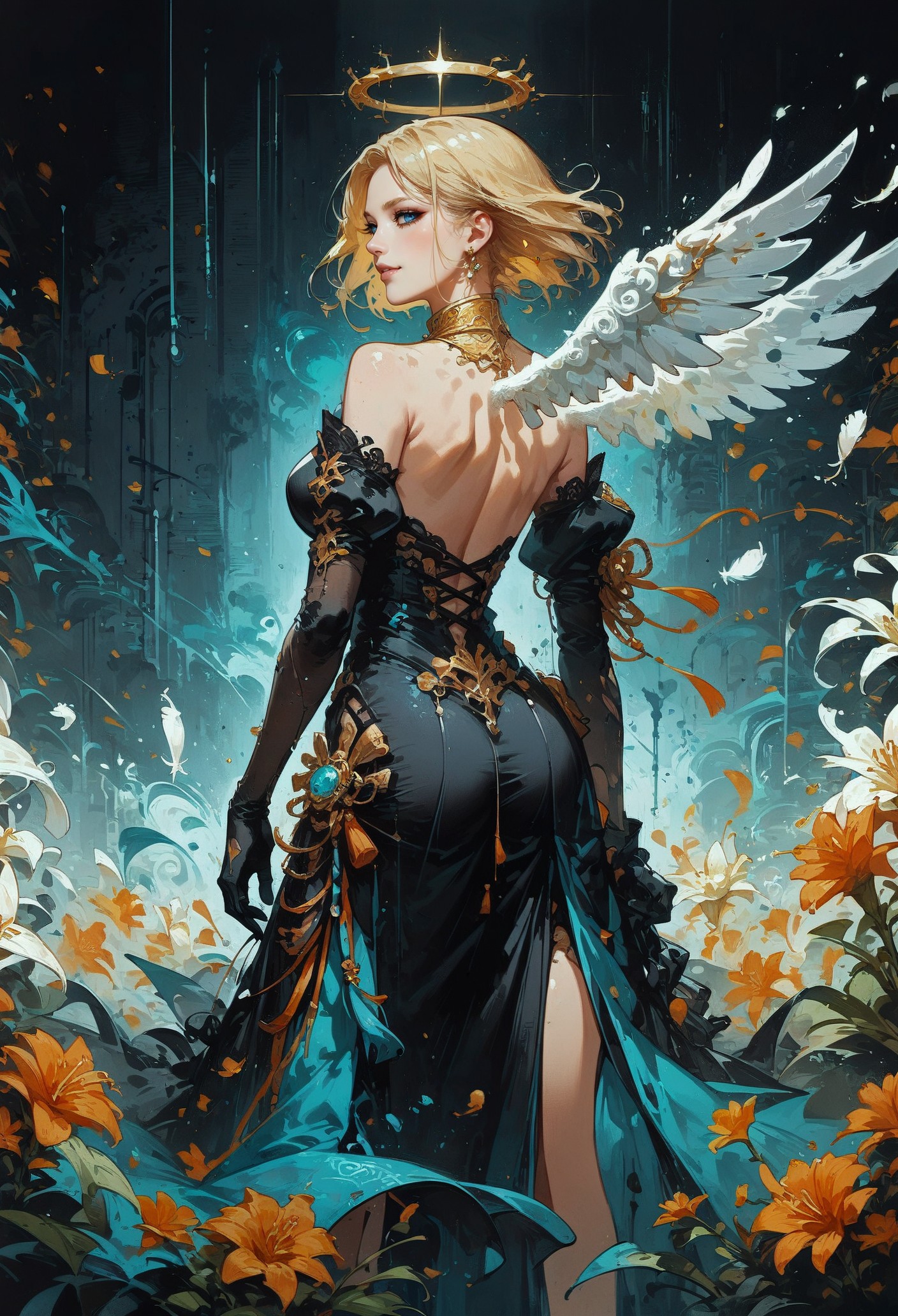 score_9, score_8_up, score_7_up,  1girl, angel, blonde hair, short hair, back view, standing, posing, black dress, opal, looking at viewer, white angel wings, feather wings, bright particles, darkness, gloom, black lace gloves, golden cherry blossom tones, Japanese aesthetic, lilies, explosive bright particles in the form of sparks of light, gold collar, black theme, black background  <lora:pony/twilight_style:0.8> <lora:pony/expressiveh:0.8> expressiveh <lora:pony/neon_cyberpunk_splash_art:0.8>