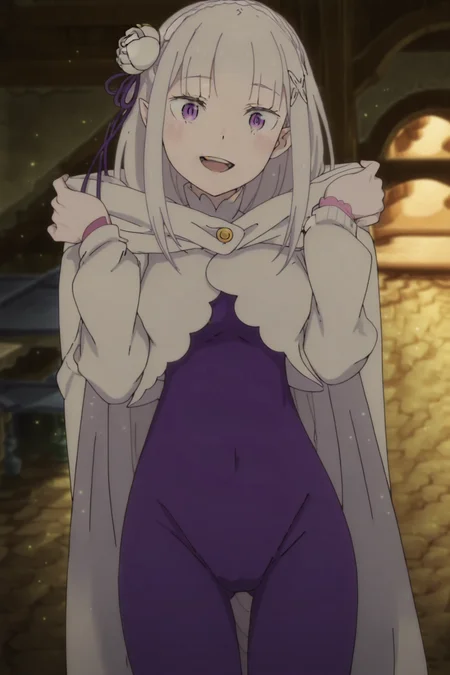 anime screencap, anime coloring, detailed face, masterpiece, best quality, very aesthetic, absurdres, bokeh, volumetric lighting, official style, amazing quality, ultra detailed,  highres, amazing quality, scenery, beautiful detailed hair, defined fingers,
 <lora:Emilia_Season_3_appearance_ReZero:.8>
 <lora:Emilias_Season_4_outfit_ReZero:1>Emilia Season 4 outfit, 1girl, emilia (re:zero), flower, hair ornament, solo, hair flower, purple eyes, smile, white hair, looking at viewer, open mouth, long hair, hair ribbon, pointy ears, white flower