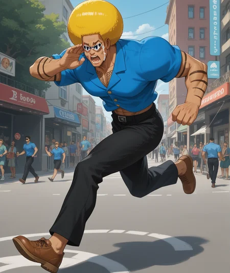 score_9, score_8_up, score_7_up, funny, comical,
BREAK
1boy, solo, bobobo-bo bo-bobo, afro, blonde hair, muscular, blue shirt, black pants, brown footwear, (sunglasses), chest hair, arm hair, dark-skinned male, manly, running, fleeing, full body, (streaming tears, crying, open mouth), sad, (arms up, flailing),
<lora:Bobobo-bo_Bo-bobo:1>