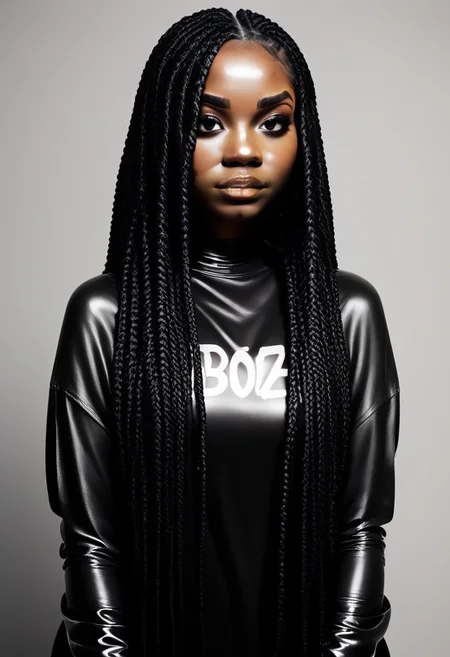 score_9, score_8_up, score_7_up, 1 woman, dark skin, long multicolor black2white box braids, box braids, b0ll4nd, oversized sheer tshirt, latex boots, DRKDL, dramatic lighting, light to show hair color and texture