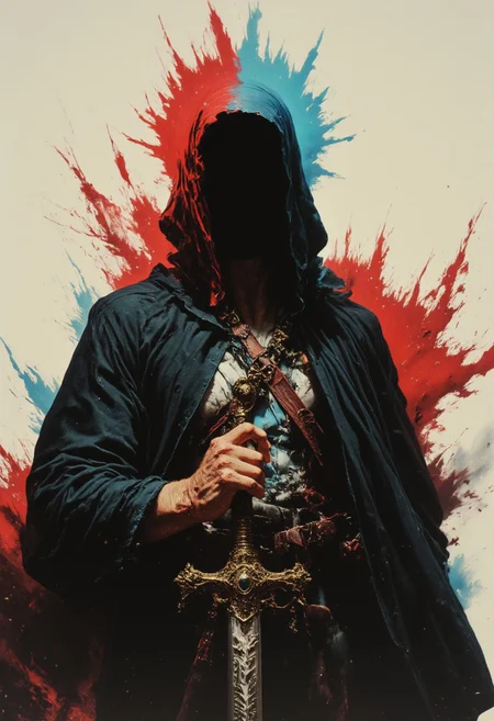 A cloaked Shadow of death, high collar, ethereal being, planethead, planet-head, wielding a Colorful sword