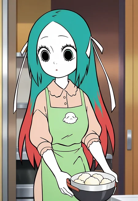 <lora:jingwei:1>,jingwei,1girl,solo,long hair,multicolored hair,red hair,green hair,hair ribbon,white ribbon,black_pulpil,white skin,
 green apron, shirt,, masterpiece,best quality,amazing quality,absurdres, anime screenshot,