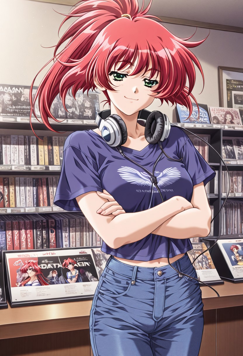 masterpiece, best quality, newest, highres, uncensored, 1girl, yokota mamoru style,motion lines,1girl,Ogata Shizuka Again Version,Red Hair, Ponytail, Waist Length Hair,Green eyes， music store, browsing records, headphones, vinyl collection, nostalgic, , , crossed arms, smile, smug, solo,, cowboy shot, dutch angle