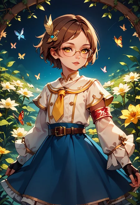 score_9, score_8_up, score_7_up, score_6_up, 1girl, (18-years-old:1.5), AliceWaifu, short, petite body, glasses, yellow necktie, short hair, white capelet with leather top underneath,stitches, frilled dress, red armband with golden rims on the right arm,belt,fingerless gloves, feather hair ornament,gold buttons,blue dress with white stripe in the middle, blue skirt with golden rims, neckerchief, puffy long sleeves, brown hair, young,layered sleeves,yellow eyes, flat chest,standing in a lush green garden, surrounded by colorful flowers, night time, elegant pose, butterflies fluttering around, serene and magical atmosphere,