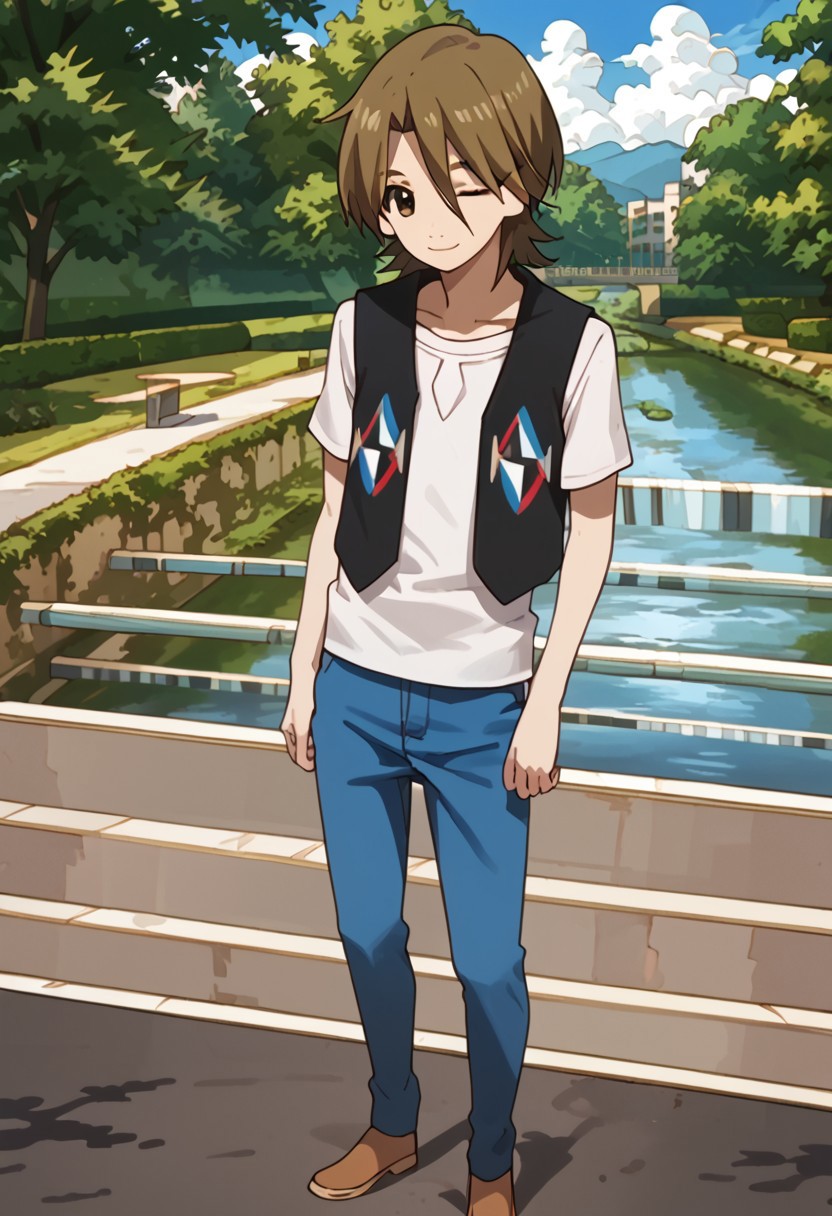 score_9, score_8_up, score_7_up, score_6_up, highly detailed,Good Colors, Good Shading, Good Eyes, Contrast Shading, male focus, slim, skinny, slim body, young man, correct anatomy, Yasaburo, 1boy, male_focus, brown hair, brown eyes, white shirt, blue pants, brown shoes, black vest, park, smiling, wink