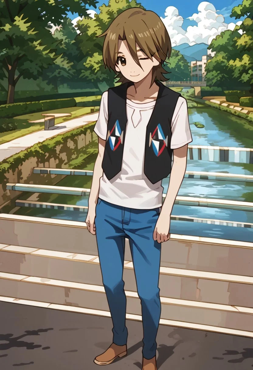 score_9, score_8_up, score_7_up, score_6_up, highly detailed,Good Colors, Good Shading, Good Eyes, Contrast Shading, male focus, slim, skinny, slim body, young man, correct anatomy, Yasaburo, 1boy, male_focus, brown hair, brown eyes, white shirt, blue pants, brown shoes, black vest, park, smiling, wink