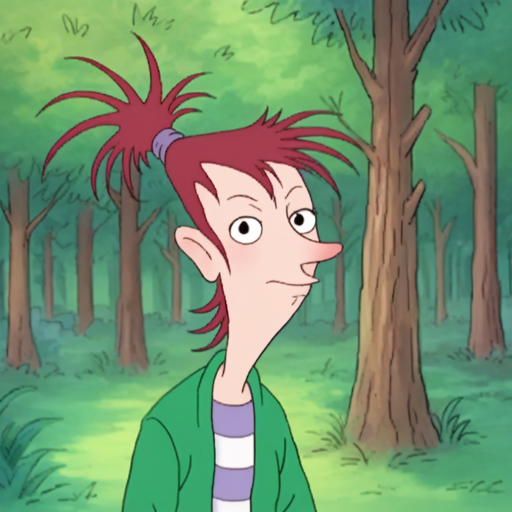 score_9_up, score_8_up, BREAK, MoodyMargaret, 1girl, solo, red hair, ponytail, black eyes, striped shirt, upper body, forest,   <lora:MoodyMargaret_HorridHenry_PXL_Leaf2:1>, looking at viewer,