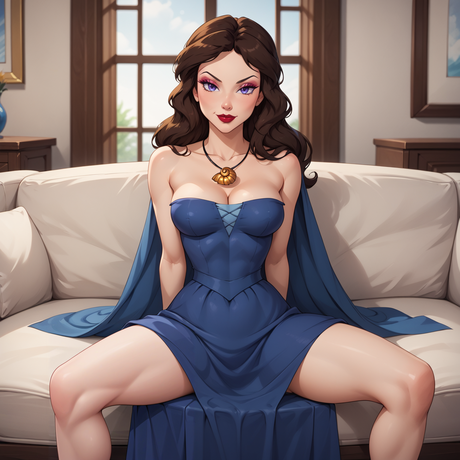 score_9, score_8_up, score_7_up, masterpiece, best quality, absurdres, solo, BREAK
BlueDress_Vanessa_ownwaifu, 
1girl, blue eyes, brown hair, long hair, narrow waist, shell necklace, makeup, lipstick, jewelry, necklace, red lips, medium breasts, pendant, eyeshadow, mature female, 
blue dress, cleavage, bare shoulders, long skirt, long dress, off shoulder, blue cape, cloak, off-shoulder dress, strapless dress,
(sitting, spread legs), arms behind back, couch, window shade, indoors, <lora:PONYXL_LittleMermaid_Vanessa_ownwaifu:0.95> , depth of field