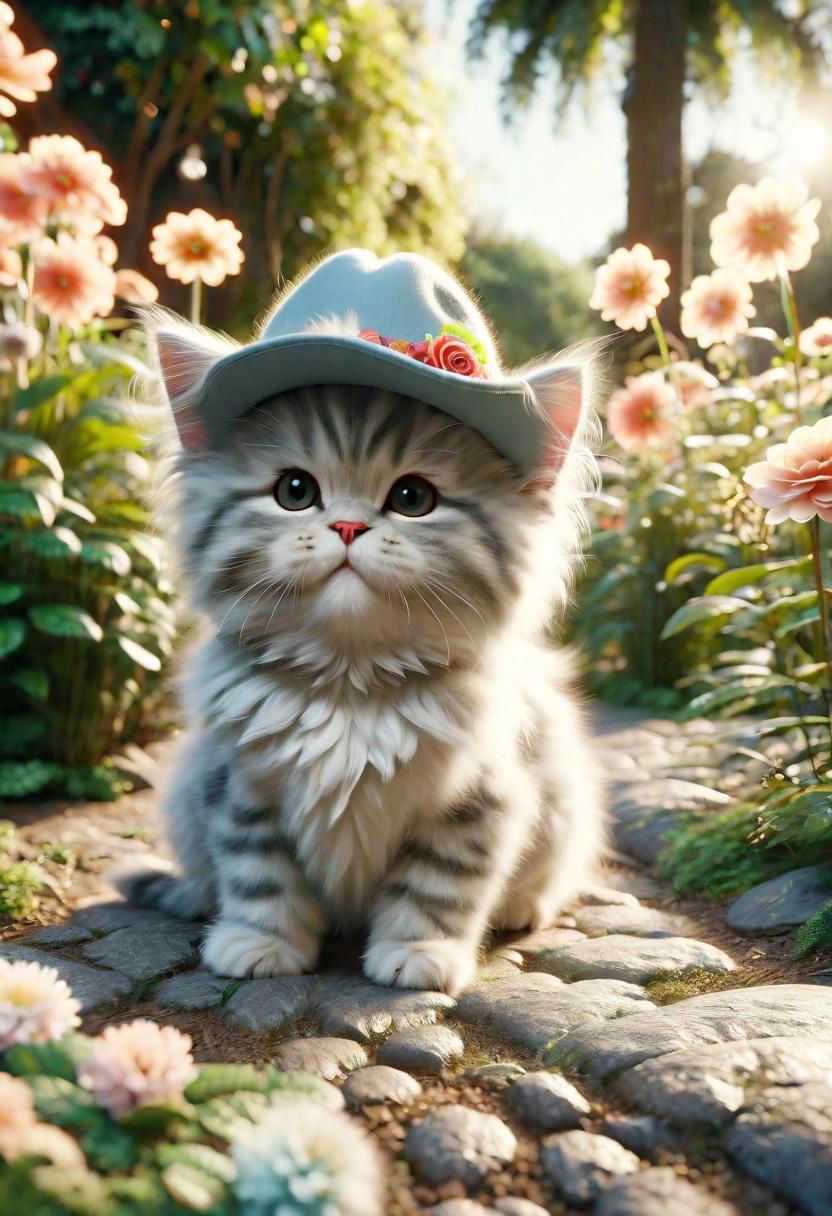 ral-fluff,<lora:ral-fluff:1>,
chibi,masterpiece,best quality,original,official art,silver metallic maincoon cat,hat,flower,blurred background,rendering,beautiful detailed glow,(detailed ice),beautiful detailed sun,sunny, blurred flower, happy