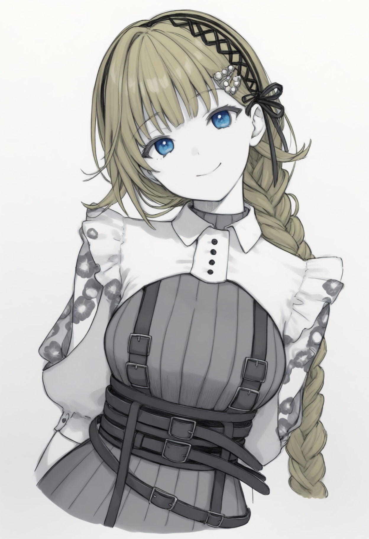 masterpiece, best quality, 1girl, solo, H4nabusaStrt, blue eyes, blonde hair, long hair, braided ponytail, hairband, hairclip, white shrug \(clothing\), floral print, grey dress, ribbed dress, sleeveless dress, multiple belts, black belt, black gloves, fingerless gloves, spot color, greyscale, monochrome, lineart, sketch, graphite \(medium\), traditional media, cropped torso, looking at viewer, smile, head tilt, three quarter view, <lora:ChamHanabusaLisaNoob:1>