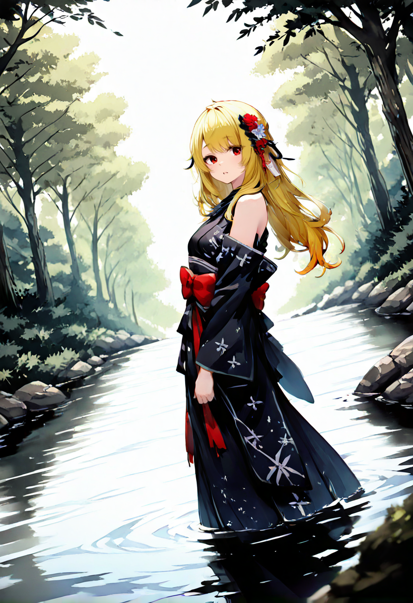 masterpiece,best quality, absurdres, anime style, CG,
cinematic lighting, natural shadow, highest detail, detailed background, intricate scenery, depth of field, insane details, intricate, subsurface scattering,
1girl, very aesthetic, dutch angle, cinematic angle, from side, from above,
serene atmosphere, parted lips,
outdoors, forest, small stream,
standing, standing in stream, submerged,
finely detailed face, beautiful face,
<lora:InkWashpainting:1.5>,
<lora:kaelaIL:1.0> kaelaIL, kaelakimono, japanese clothes, black kimono, wide sleeves, hair flower, bare shoulders, long hair,
<lora:Simulacrum-v12-LUXL-LOHA-lr0005-v3:1>