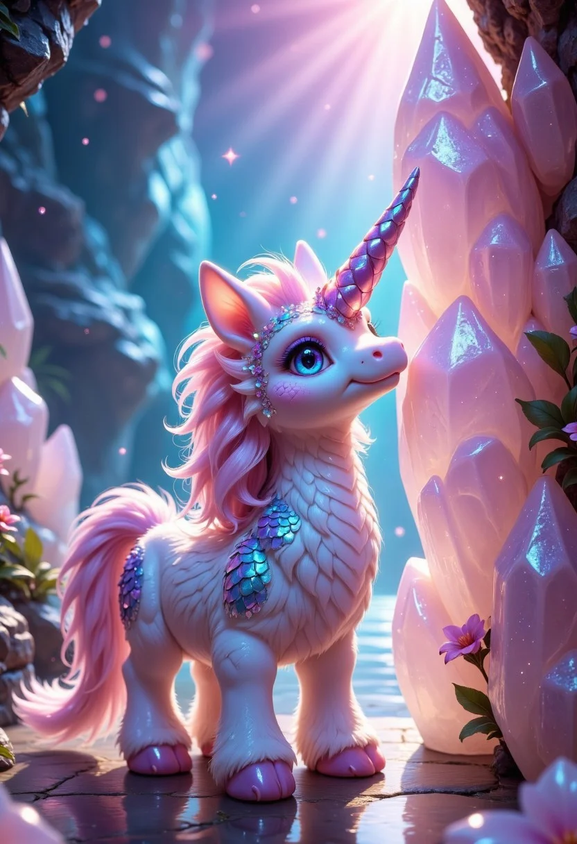 a picture of a of a small fat fluffy Unicorn, whose fur is decorated with small polished crystals, which looks out curiously between two huge crystals, it holds on to the large crystals and leans forward slightly to take a close look at its surroundings, it is super cute and fluffy and looks at the viewer with big sparkling eyes, it's super cute how it looks up from the bottom, the scene takes place in a crystal cave, the walls are decorated with unpolished shiny crystals that reflect the light in the cave and everything on illuminate a harmonious and peaceful way