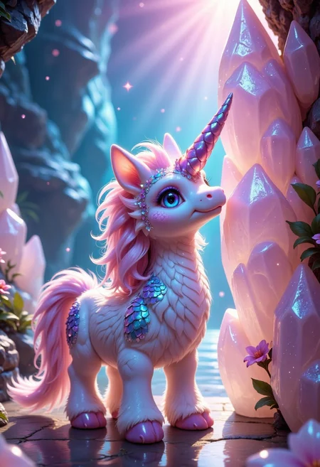a picture of a of a small fat fluffy Unicorn, whose fur is decorated with small polished crystals, which looks out curiously between two huge crystals, it holds on to the large crystals and leans forward slightly to take a close look at its surroundings, it is super cute and fluffy and looks at the viewer with big sparkling eyes, it's super cute how it looks up from the bottom, the scene takes place in a crystal cave, the walls are decorated with unpolished shiny crystals that reflect the light in the cave and everything on illuminate a harmonious and peaceful way