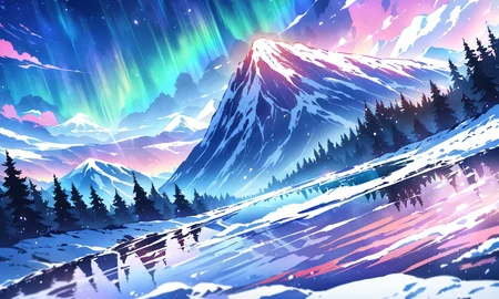 masterpiece, best quality, high quality, intricate, absurdres, very aesthetic,
no humans,
landscape, outdoors, nature, night,
mountain tops, snowy mountain, rocky mountains,
river, spring, sparkling water, mist,
lava, magma stream, volcano in background,
trees, evergreen trees, windy, visible wing, wind lines, aurora,
ultra wide angle shot, cinematic style, highly detailed, majestic, shallow depth of field, movie still, hard light, circular polarizer, colorful, wallpaper, anime