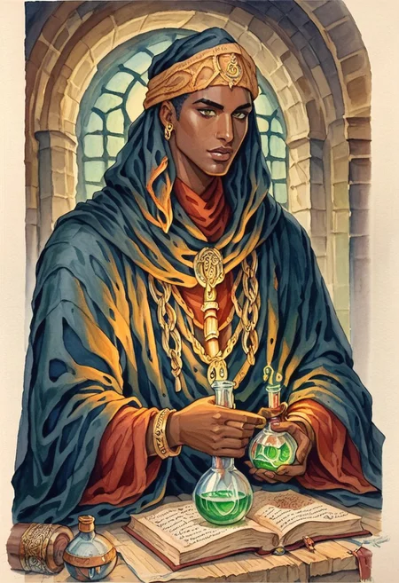 score_9, score_8_up, score_7_up, oblivionarts, solo, 1boy, alchemist, ((african male)), robes, turban, vial, potion, book, apothecary background, traditional art, medieval, <lora:Oblivion:.6>
