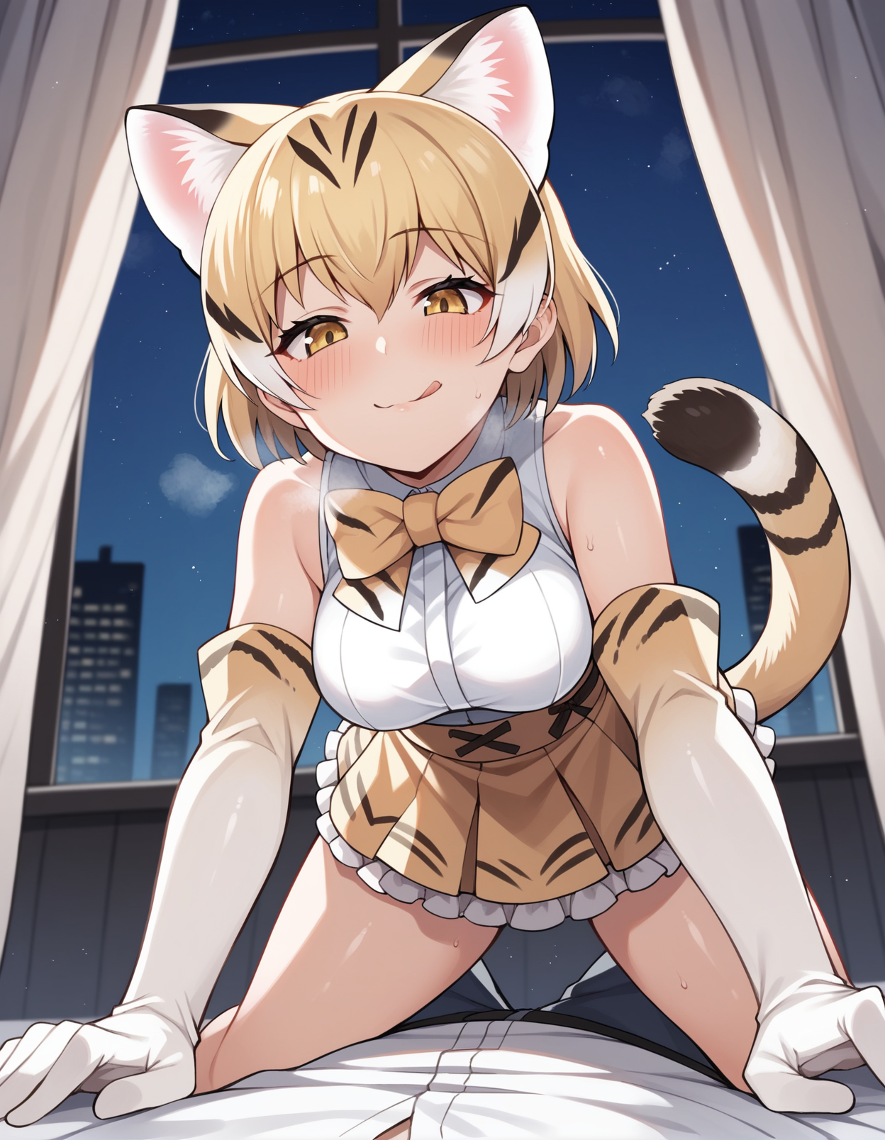 score_9, score_8_up, score_7_up, score_6_up, score_5_up, score_4_up, source_anime, rating_safe, BREAK <lora:sandCatXL_LoRA-C3Lier_AdamW_Dim8_Alpha8_UN-3e-4_TE-1.5e-4_10batch_ponyDiffusionV6XL_v6StartWithThisOne:1>, sand cat \(kemono friends\), 1girl, cat girl, cat ears, blonde hair, short hair, yellow eyes, cat tail, medium breasts, white shirt, sleeveless shirt, print bowtie, elbow gloves, white gloves, high-waist skirt, waist ribbon, frilled skirt, print skirt, socks, licking lips, looking down, blush, naughty face, heavy breathing, leaning forward, pov, all fours, girl on top, from below, window, curtains, night, night sky, city lights