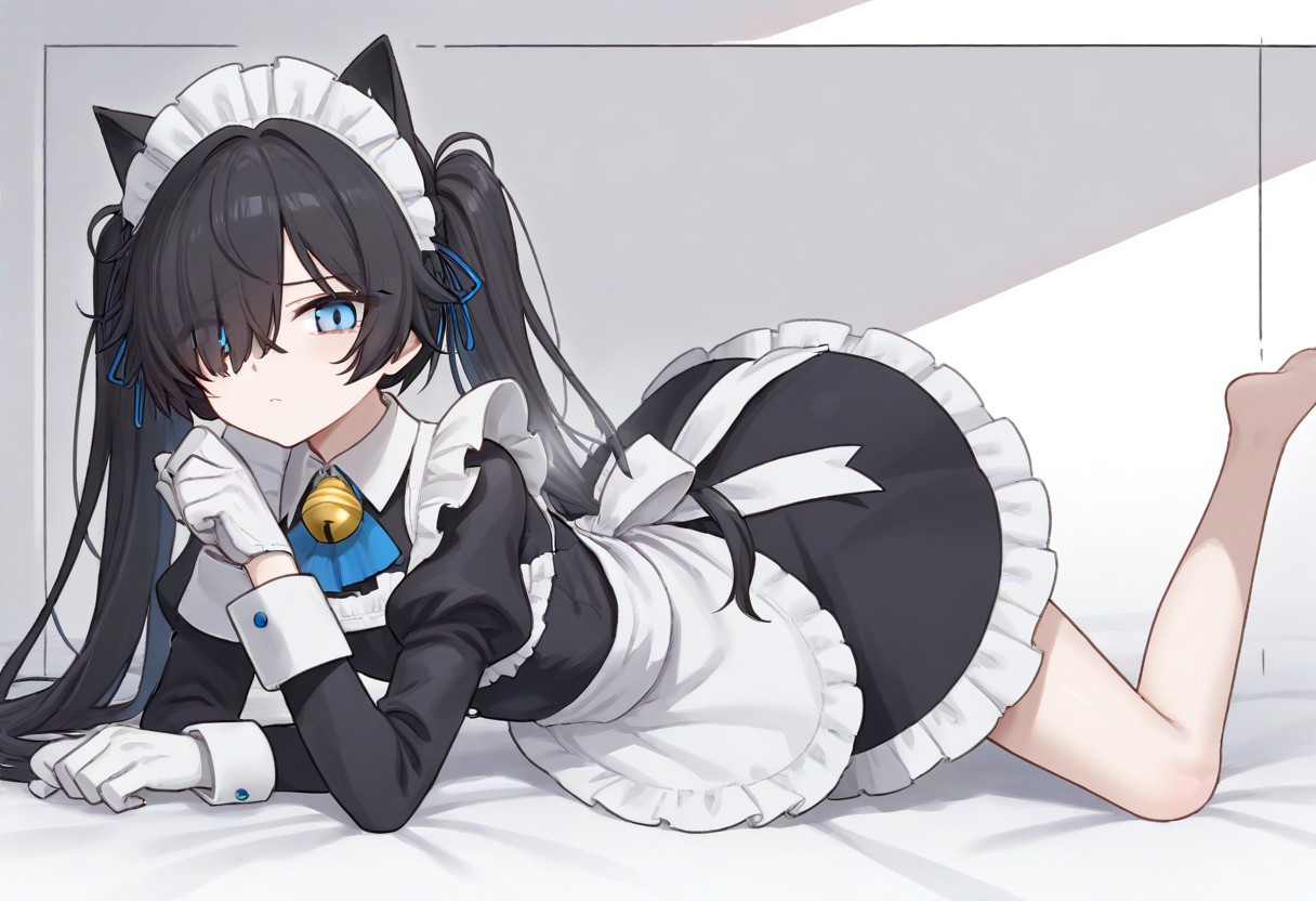 (Maid-kasli), solo, white gloves, dress, hair over one eye, maid apron, blue eyes, twintails, cat ears, maid headdress, maid, gloves, 1girl, apron, juliet sleeves, long sleeves, long hair, black hair, animal ears, bell,(Fall down),