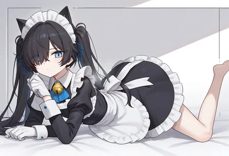 (Maid-kasli), solo, white gloves, dress, hair over one eye, maid apron, blue eyes, twintails, cat ears, maid headdress, maid, gloves, 1girl, apron, juliet sleeves, long sleeves, long hair, black hair, animal ears, bell,(Fall down),