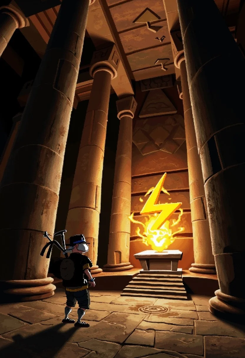 A grand ancient temple with towering stone columns, partially worn by time, rises in the dim light. The air is thick with dust and mystery as an adventurer, clad in rugged gear, cautiously steps forward. The stone floor is cracked and covered in faded carvings. At the heart of the temple, on an elevated pedestal, a glowing yellow stylized bolt icon pulsates with energy, casting flickering golden light across the surrounding architecture. The adventurer’s silhouette is framed by the eerie glow, the temple’s high ceiling lost in shadows. The atmosphere is charged with an ancient, almost supernatural presence.