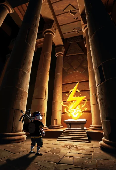 A grand ancient temple with towering stone columns, partially worn by time, rises in the dim light. The air is thick with dust and mystery as an adventurer, clad in rugged gear, cautiously steps forward. The stone floor is cracked and covered in faded carvings. At the heart of the temple, on an elevated pedestal, a glowing yellow stylized bolt icon pulsates with energy, casting flickering golden light across the surrounding architecture. The adventurer’s silhouette is framed by the eerie glow, the temple’s high ceiling lost in shadows. The atmosphere is charged with an ancient, almost supernatural presence.