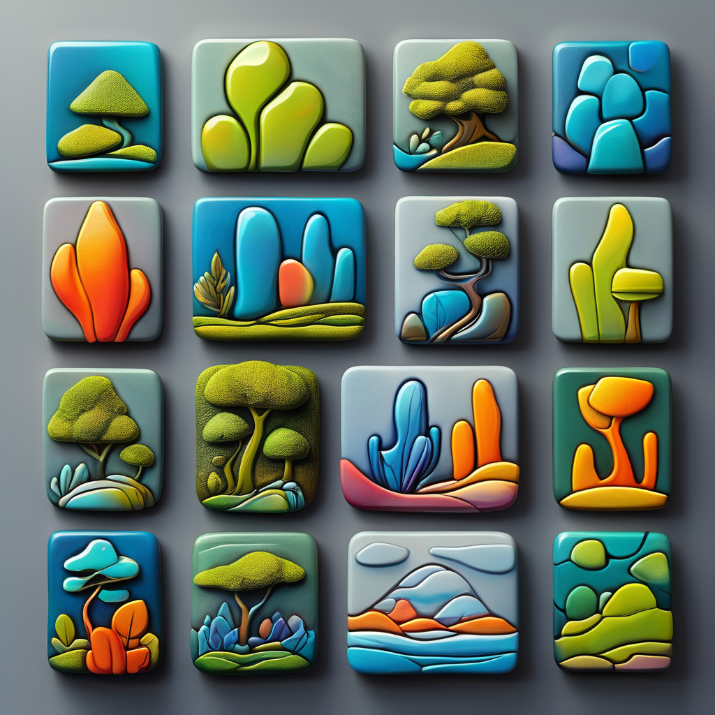 <lora:artfullyTILES_SDXL_V1:0.7>,icon collection arranged in a grid of a set of different colored , abstract colorful  MOSS, landscapes set set, bright glazes, ceramic, decorative relief, iconographic motifs, icons set  isolated on grey background  c, in the style of tactile textured paintings, luminous 3d objects, opaque resin panels, organic stone carvings, rounded forms, surrealistic ceramic sculptures, tonal colors, vibrant color blocks, vibrant fantasy landscapes, hyper-detailed illustrations, colorful biomorphic forms