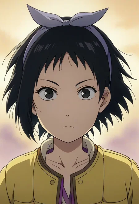 Totori, short hair, black hair, black eyes, yellow jacket, purple hairband, <lora:HeavenlyDelusion:1>,