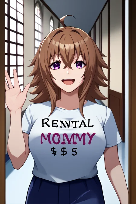 score_9, score_8_up, score_7_up, score_6_up, source_anime, 1girl, solo,  <lora:venelana-pdxl-nvwls-v1-000005:1> hsdxdve, brown hair, medium hair, hair between eyes, ahoge, purple eyes, large breasts,  <lora:rentalmommy-outfit-richy-v1_pdxl:0.9> "rental mommy", clothes writing, white shirt, t-shirt, happy, looking at you, open mouth, waving, hallway, mansion