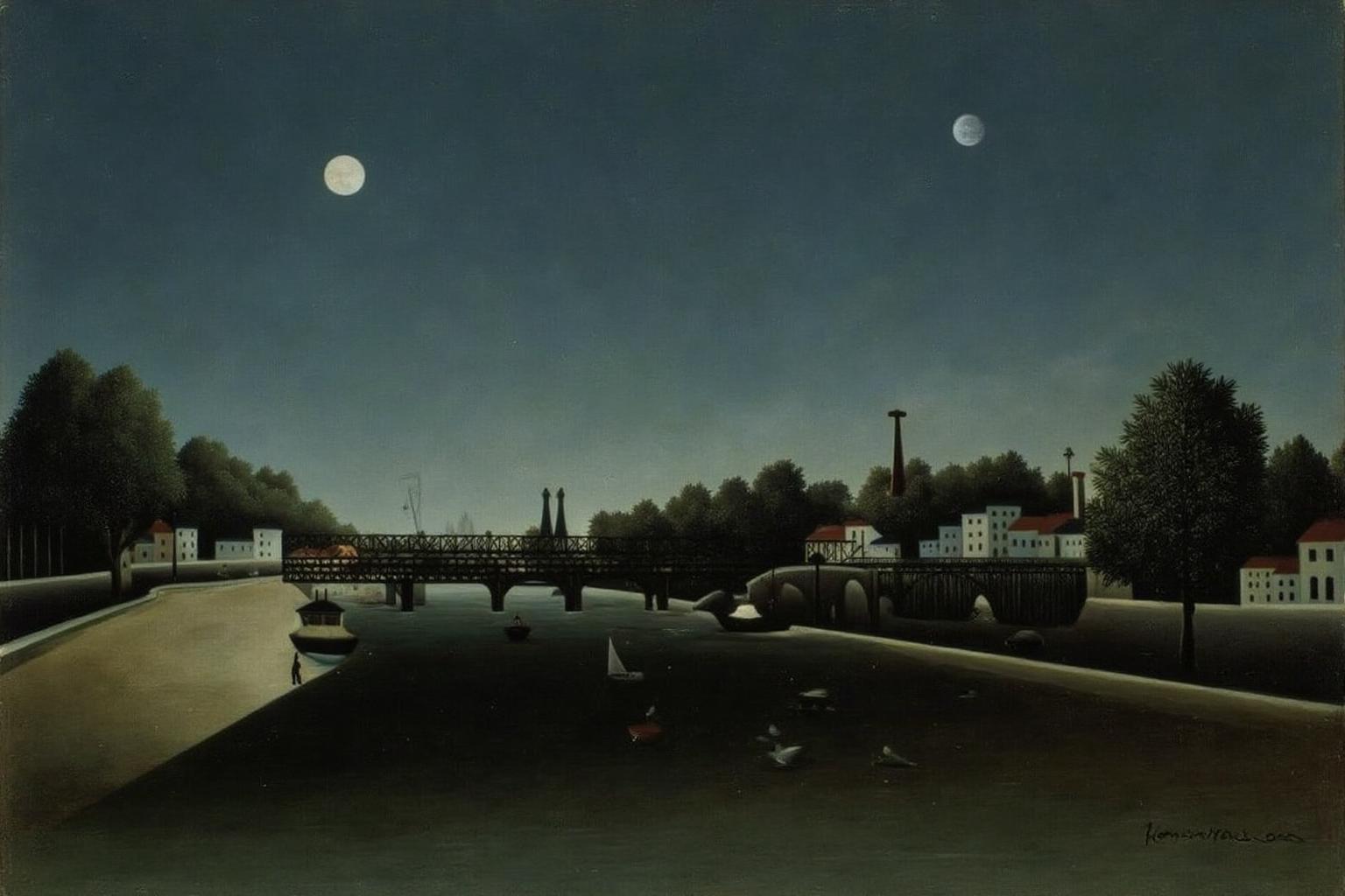 henrirousseau2 painting.
The scene depicts a tranquil night along a river, with a town visible in the background. There is a full moon on the sky above. There is an iron bridge spanning across the river.
 <lora:henrirousseau2_cap_d6a3:1.0><lora:834023430157364313:0>
