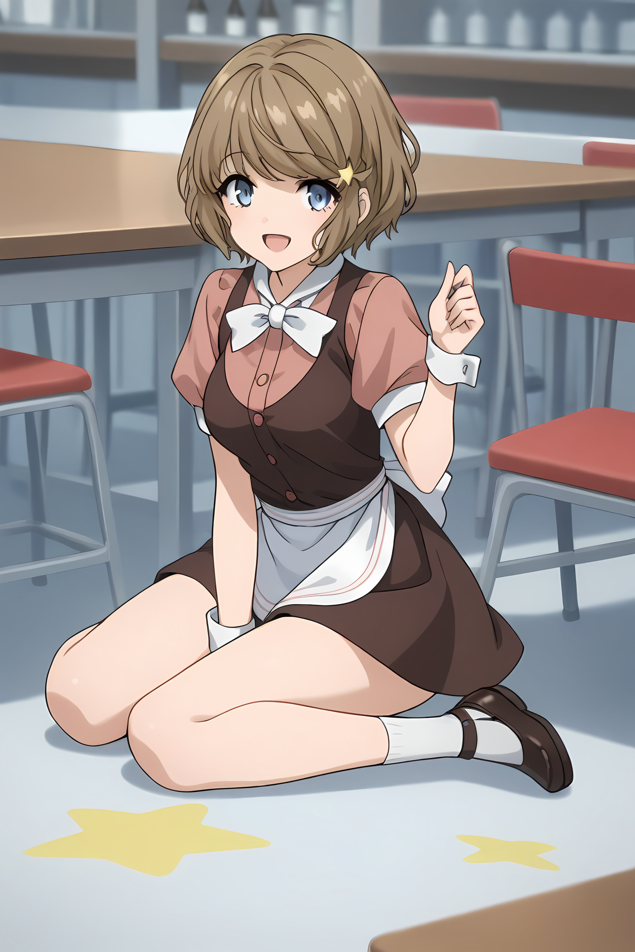(waitress:1.50), bgs-tomoe, brown hair, short hair, blue eyes, bangs, hairclip, star necklace,
medium breasts,
1girl, solo, skinny, (source_anime, score_9, score_8_up, score_8, score_7_up), score_7, score_6_up, score_6, score_5_up, score_5, 
(happy:1.10),
(:1.10),
(full body:1.40), (:1.10),
<lora:bgs-tomoe-V01-000004:0.90>