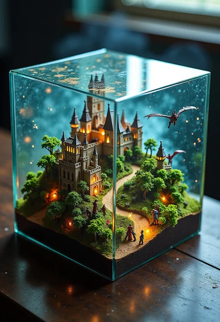 A medieval fantasy world encapsulated within a glass cube. Inside the cube, a detailed miniature landscape unfolds, with castles, rolling hills, and dense forests. Tiny figures in armor, dragons flying above, and magical creatures populate the scene. The glass cube reflects light, creating a mystical glow around the enclosed world. The colors inside are vivid and enchanting, while the cube's exterior is smooth and transparent, highlighting the fantastical realm it contains. The setting feels like a magical artifact from an ancient, mystical civilization