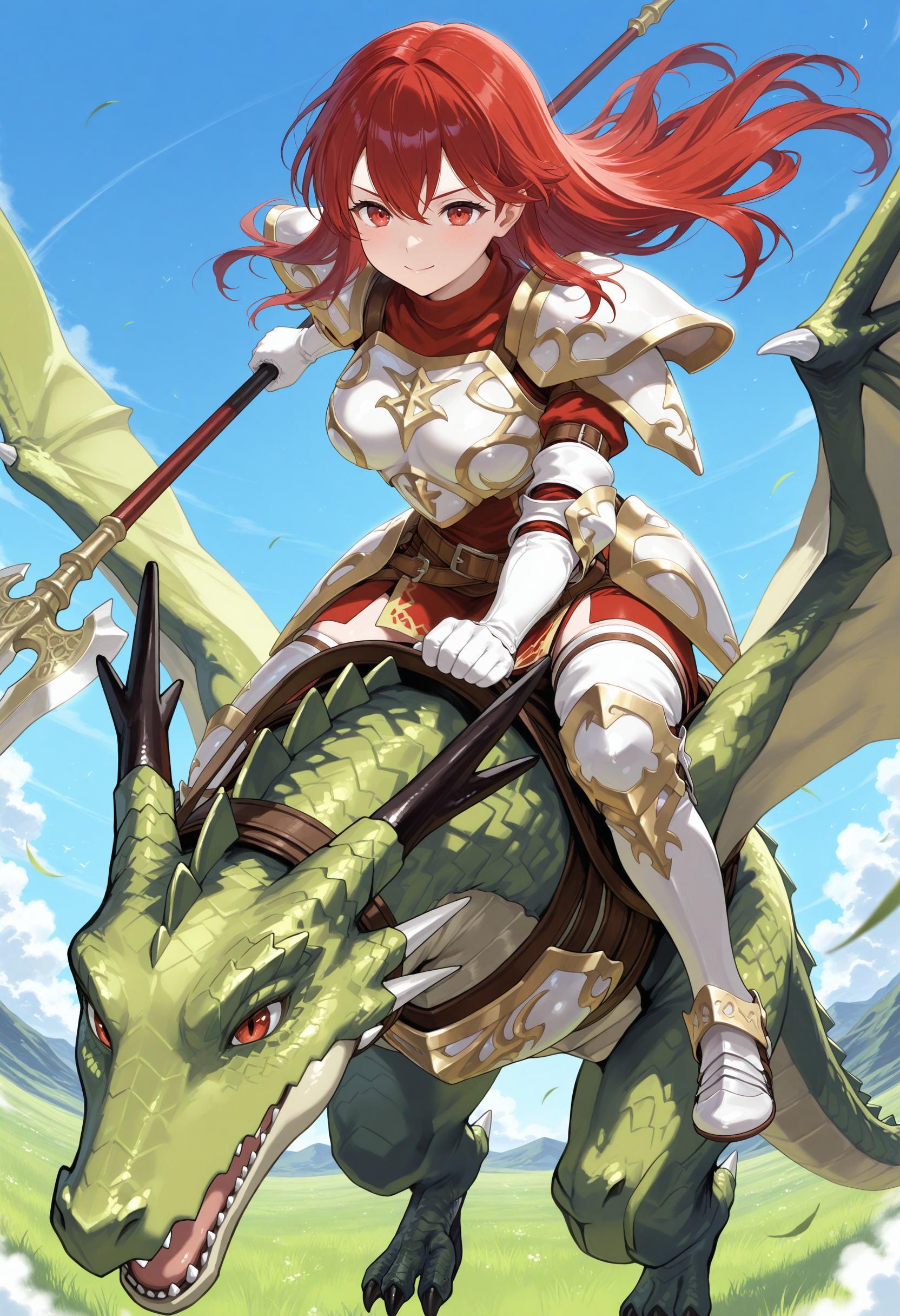 SmoothNoob_Quality,masterpiece,sky,flying,full body,1girl,1other,solo,large breasts BREAK wyvern rider,dragon riding,knight,green dragon,flying,breastplate,open mouth,shoulder armor,pegasus knight uniform \(fire emblem\),<lora:wyvern rider-NAI:1>,<lora:NOOB_vp1_detailer_by_volnovik_v1:1>,smile,holding polearm,closed mouth,