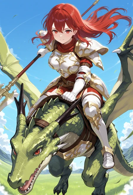 SmoothNoob_Quality,masterpiece,sky,flying,full body,1girl,1other,solo,large breasts BREAK wyvern rider,dragon riding,knight,green dragon,flying,breastplate,open mouth,shoulder armor,pegasus knight uniform \(fire emblem\),<lora:wyvern rider-NAI:1>,<lora:NOOB_vp1_detailer_by_volnovik_v1:1>,smile,holding polearm,closed mouth,