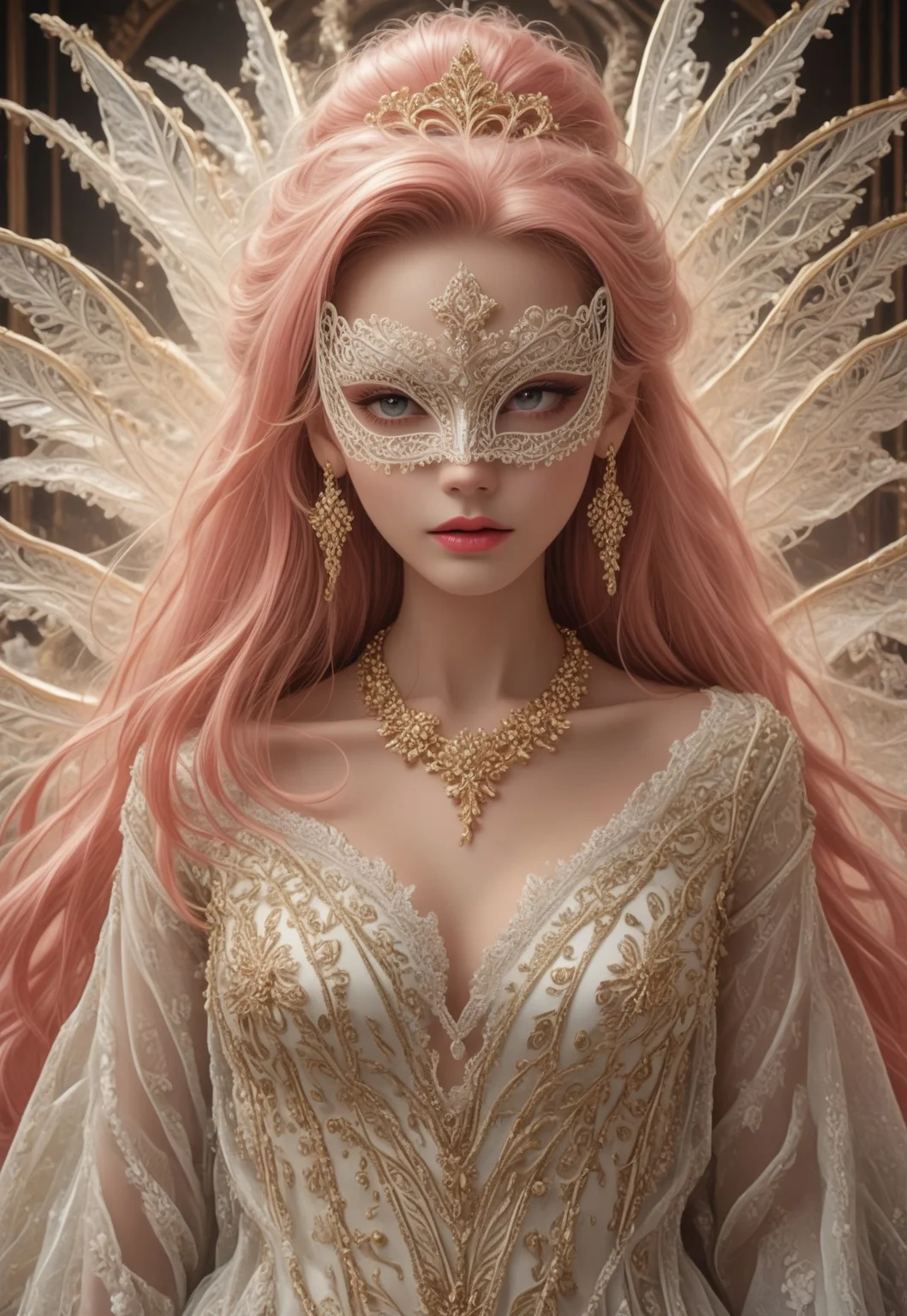 safe_pos, pmg style, score_9, score_8_up, score_7_up, score_6_up,
pink hair, ((very long hair:1.4)), ((white puppet:1.2)), ((white lace mask:1.3)), gold pattern mask, (slender:1.2), glowing transparent wings, wings on back, huge fractal patterned wings, slender, beautiful breasts, full-body, white shining dress, see-through shawl, fancy shawl, full of gold ornaments dress, tiara, extravagant jeweled necklace, crazy extravagant, excessive glittering decorations on dress, complicated patterned dress, flowers, long earrings, glitters on dress, jewelry, layered dress, complicated patterned dress, excessive extravagant ornaments,