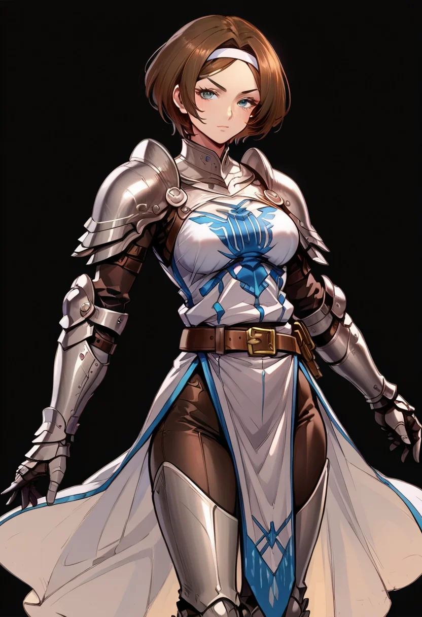 score_9, score_8_up, score_7_up, source_anime, anime style, anime, 1girl, (solo), mature woman, confident, arrogant, fit, slim, tall, Remedios, standing proud, detailed face, grey eyes, overall details, white skin, short hair, brown hair, headband, white robe, armor, pauldrons, blue heraldry, belt, (armored gaiters:1.3), armored boots, gauntlets, brown leather pants, hourglass figure, looking at viewer, beautiful thighs, hips, (black background:1.3)
<lora:Remedios_Custodio_Overlord:0.6>, looking at viewer, (vibrant colors)
<lora:LineArt Mono Style LoRA_Pony XL v6:1> <lora:Expressive_H-000001:1>
