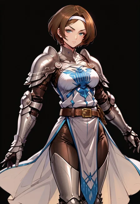 score_9, score_8_up, score_7_up, source_anime, anime style, anime, 1girl, (solo), mature woman, confident, arrogant, fit, slim, tall, Remedios, standing proud, detailed face, grey eyes, overall details, white skin, short hair, brown hair, headband, white robe, armor, pauldrons, blue heraldry, belt, (armored gaiters:1.3), armored boots, gauntlets, brown leather pants, hourglass figure, looking at viewer, beautiful thighs, hips, (black background:1.3)
<lora:Remedios_Custodio_Overlord:0.6>, looking at viewer, (vibrant colors)
<lora:LineArt Mono Style LoRA_Pony XL v6:1> <lora:Expressive_H-000001:1>