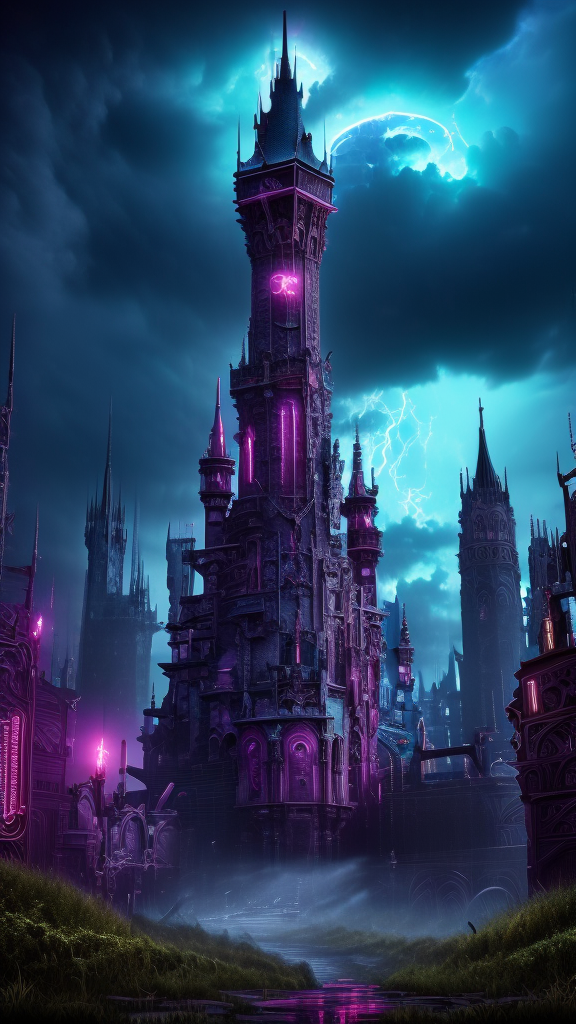 Neon noir, 
Gothic style, 
Masterwork Painting, Magnum Opus, 
 <lora:Wizard_Tower:0.75> witow, castle, cloud, cloudy sky, grass, no humans, scenery, sky, tower, tree, 
<lora:Fantasy_Mountains:0.75> fanmou, footprints, forest, grass, nature, no humans, outdoors, sky ,
  highres, 8k, uhd, High Dynamic Range, tonemapping, crisp details,  intricate details, fine details,
. Dark, mysterious, haunting, dramatic, ornate, detailed,
. Cyberpunk, dark, rainy streets, neon signs, high contrast, low light, vibrant, highly detailed