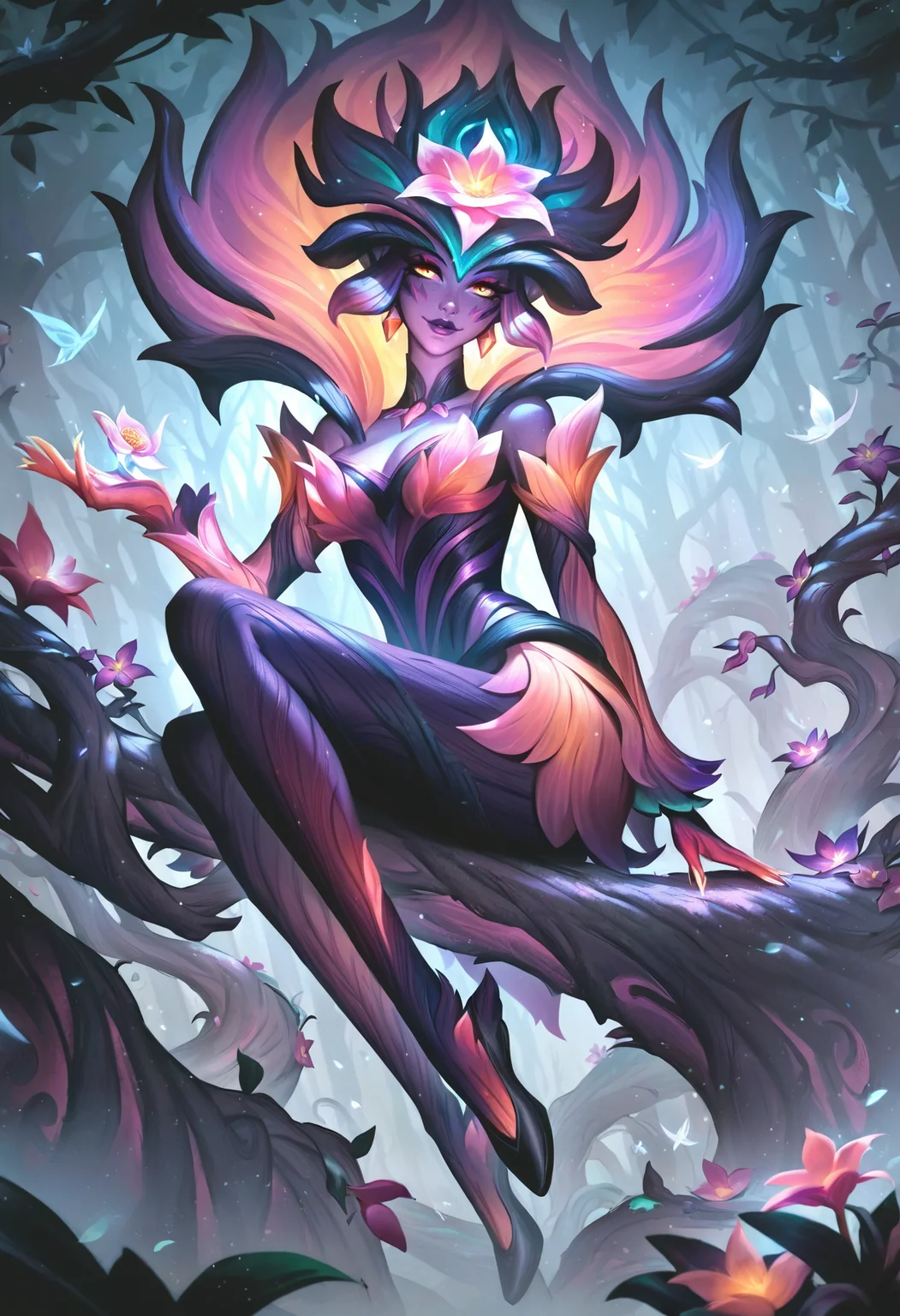l0lspl4sh, source_anime, score_9, score_8_up, score_7_up, year2024, 1girl, elderwood 1girl, elderwood, West Studio, sixmorevodka, A beautiful woman is sitting on a log in an elderwood forest holding a flower, pink flower, dew drop, trees, fog, looking at viewer, seductive smile, <lora:L0LSPL4SH_40epochs:1>