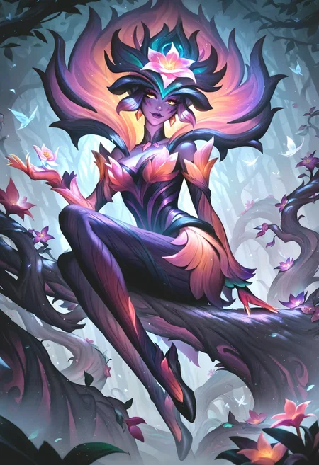l0lspl4sh, source_anime, score_9, score_8_up, score_7_up, year2024, 1girl, elderwood 1girl, elderwood, West Studio, sixmorevodka, A beautiful woman is sitting on a log in an elderwood forest holding a flower, pink flower, dew drop, trees, fog, looking at viewer, seductive smile, <lora:L0LSPL4SH_40epochs:1>